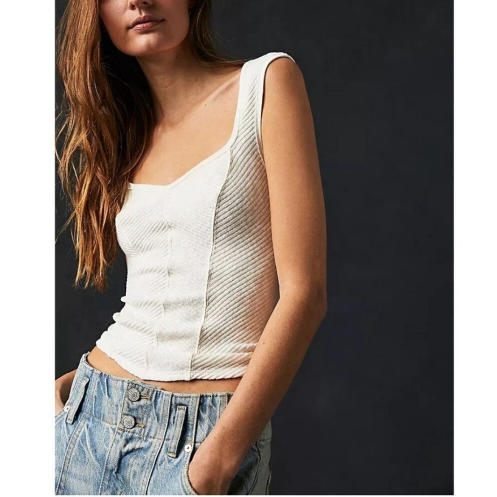 Free People Boss Babe Tank Large Optic White Ribbed Sleeveless Top OB1704305
